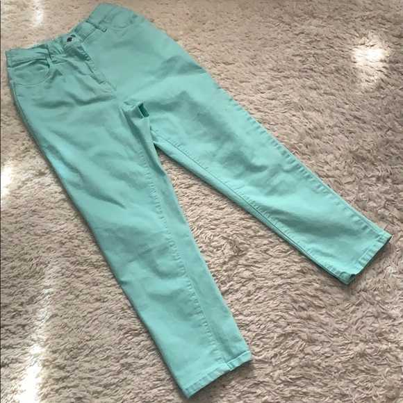 VINTAGE 80s 90s Aqua Blue Highwaist Crop Jeans - Picture 1 of 4